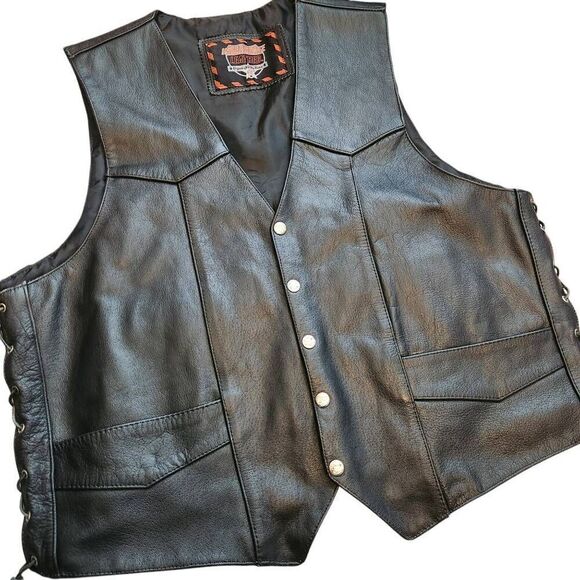 Vintage Vest Interstate Leather Motorcycle Mens XL Lace Sides Snap Button - Picture 1 of 5